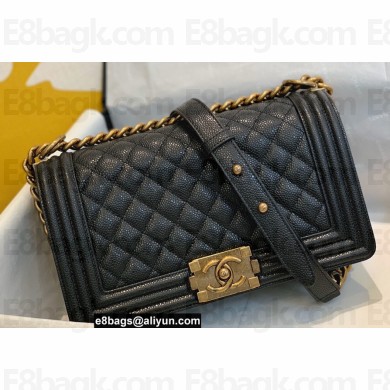 Chanel Medium LE BOY Handbag A67086 in Grained Caviar Leather Black/Aged Gold