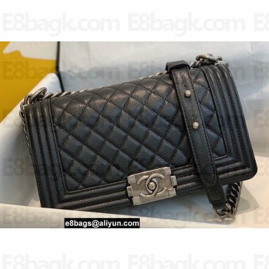 Chanel Medium LE BOY Handbag A67086 in Grained Caviar Leather Black/Aged Silver
