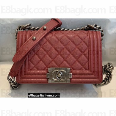 Chanel Small LE BOY Handbag A67085 in Caviar Leather Date Red/Aged Silver