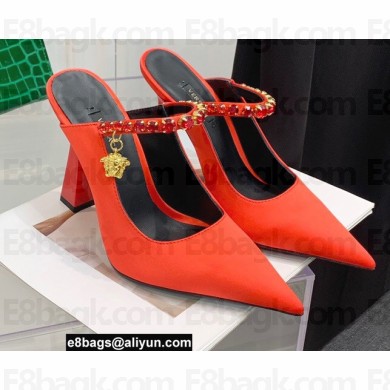 Versace Heel 11cm Satin Medusa Rhinestone Artifact Mules Red