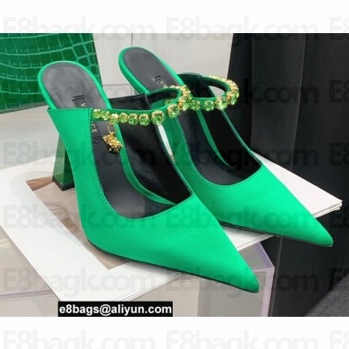 Versace Heel 11cm Satin Medusa Rhinestone Artifact Mules Green