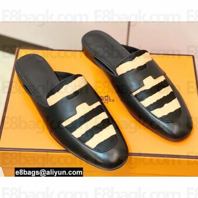 Hermes "H" cut-out detail Catena Mules Black/Beige Moire