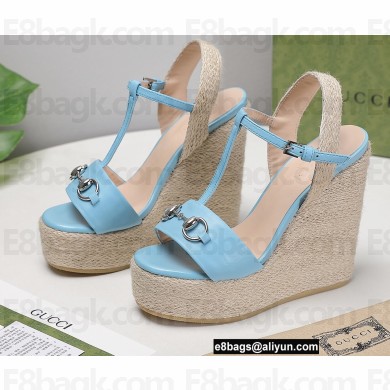 Gucci Platform 4cm Heel 13cm Wedge Sandals Leather Sky Blue with Horsebit