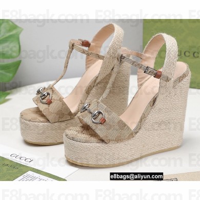 Gucci Platform 4cm Heel 13cm Wedge Sandals GG Beige with Horsebit