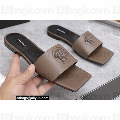 Versace La Medusa Leather Slides Etoupe