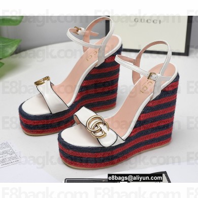 Gucci Leather Striped Platform 4cm Heel 13cm Wedge Sandals White with Double G