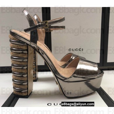 Gucci Multicolor Heel Platform Sandals Leather Metallic Gun Color
