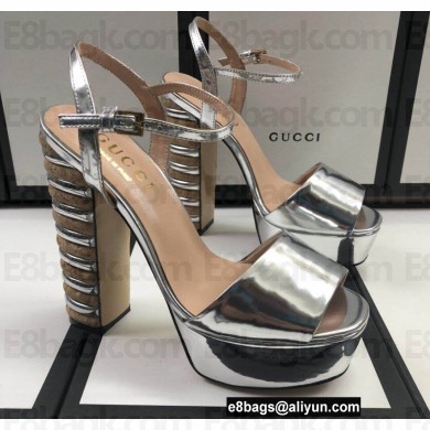 Gucci Multicolor Heel Platform Sandals Leather Metallic Silver