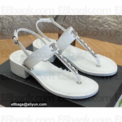 Chanel Chain Patent Calfskin Heel Thong Sandals G38200 White 2022