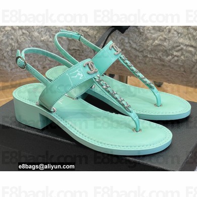 Chanel Chain Patent Calfskin Heel Thong Sandals G38200 Light Green 2022