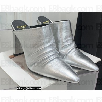 Balmain Heel 9.5cm Draped Leather Ulla Mules Silver 2022