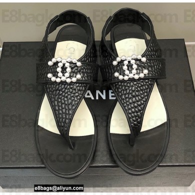 Chanel Pearl CC Logo Thong Sandals Black 2022
