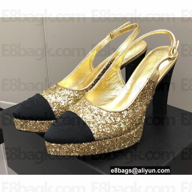 Chanel Heel Platform Slingbacks Glitter Gold 2022
