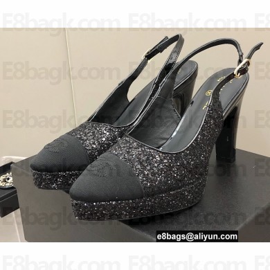 Chanel Heel Platform Slingbacks Glitter Black 2022
