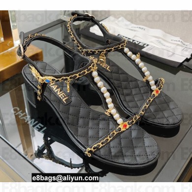 Chanel Heel 5cm Chain Lambskin and Jewelry Sandals Black 2022