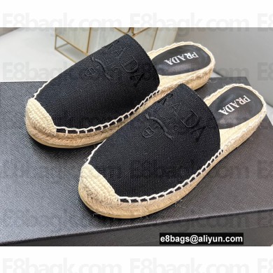 Prada Linen Logo Embroidered Espadrilles Slippers Black 2022