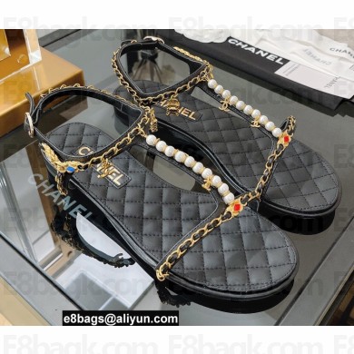 Chanel Chain Lambskin and Jewelry Flat Sandals G38916 Black 2022