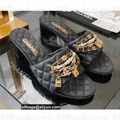 Chanel Heel 5cm Chain Lambskin and Jewelry Mules Black 2022