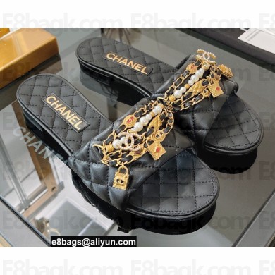 Chanel Chain Lambskin and Jewelry Flat Mules Black 2022