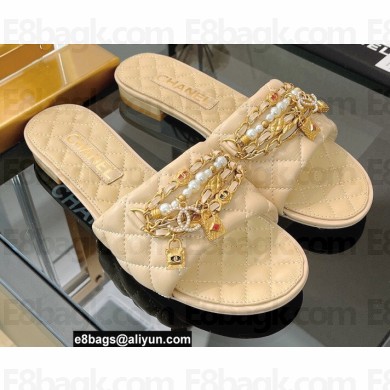 Chanel Chain Lambskin and Jewelry Flat Mules Beige 2022
