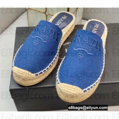 Prada Linen Logo Embroidered Espadrilles Slippers Blue 2022