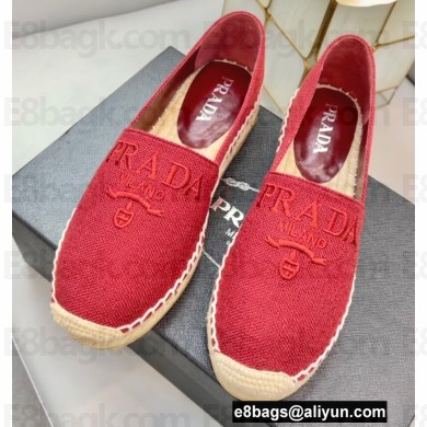 Prada Linen Logo Embroidered Espadrilles Red 2022