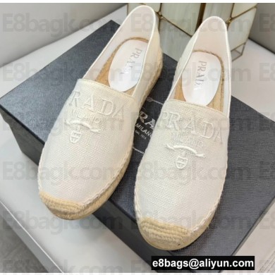 Prada Linen Logo Embroidered Espadrilles White 2022