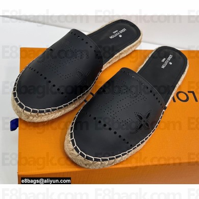 Louis Vuitton Perforated Calf Leather Starboard Flat Espadrilles Slippers Black 2022