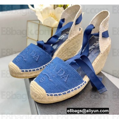 Prada Linen Logo Embroidered Platform 8cm Wedge Espadrilles Blue 2022