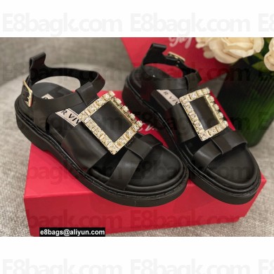 Roger Vivier Viv' Rangers Strass Buckle Sandals in Leather Black 2022