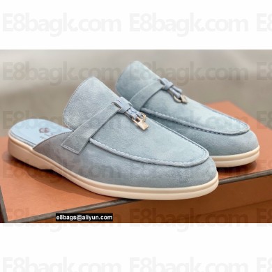 Loro Piana Suede Calfskin Babouche Charms Walk Loafers Gray Blue
