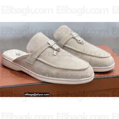 Loro Piana Suede Calfskin Babouche Charms Walk Loafers Powder Pearl