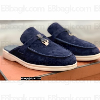 Loro Piana Suede Calfskin Babouche Charms Walk Loafers Dark Blue