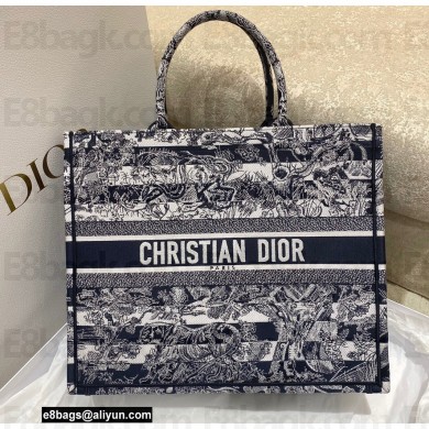 Dior Large Book Tote Bag in Navy Blue Toile de Jouy Stripes Embroidery 2022