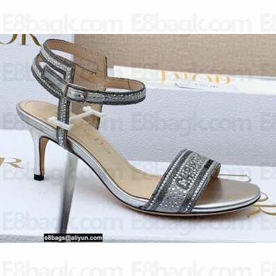 Dior Heel 6.5cm Dway Sandals in Cotton Embroidered with Thread and Strass Metallic Silver 2022