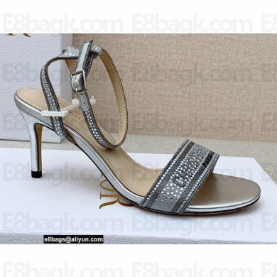Dior Heel 7.5cm Dway Sandals in Cotton Thread Embroidery and Strass Metallic Silver 2022