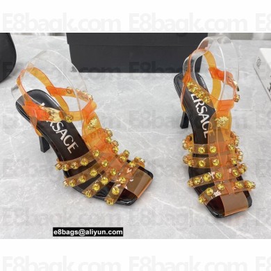 Versace Heel 9.5cm Artifact Jeweled Caged PVC Medusa Jelly Sandals Orange 2022