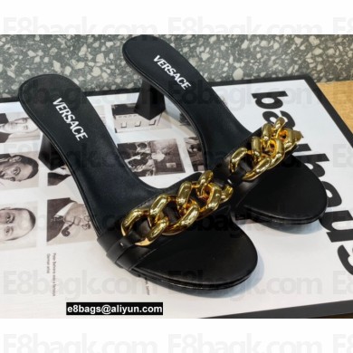 Versace Heel 7cm Chain Mid-Heel Leather Mules Black 2022