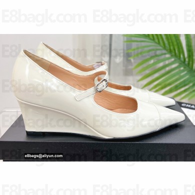 Chanel Heel 6cm Grosgrain Wedge Open Shoes G38733 Patent White 2022