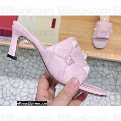 Valentino Heel 6.5cm Roman Stud Slide Sandals In Quilted Nappa With Enameled Studs Pink 2022