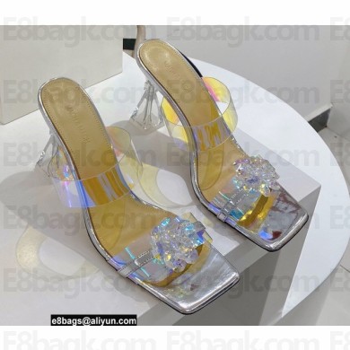 Mach & Mach Heel 9.5cm Rose Flower Mules PVC Rainbow Silver 2022