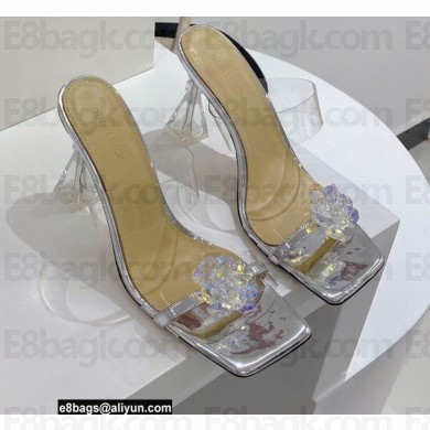 Mach & Mach Heel 9.5cm Rose Flower Mules PVC Silver 2022