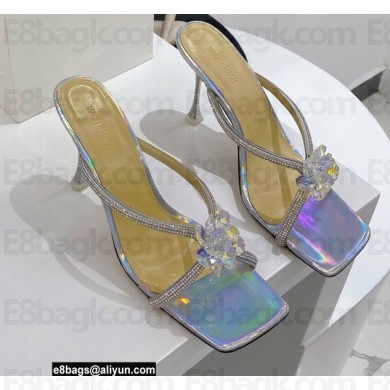 Mach & Mach Heel 9.5cm Crystal and Rose Flower Mules Silver 2022
