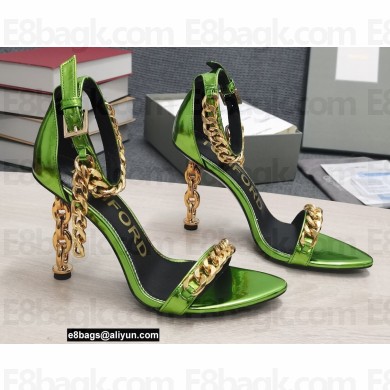 Tom Ford Heel 10.5cm Leather Chain Ankle Strap Sandals Mirror Light Green 2022