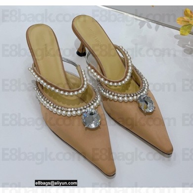 Mach & Mach Heel 6cm Pearl Crystal Mules Satin Nude 2022