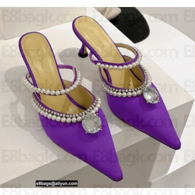 Mach & Mach Heel 6cm Pearl Crystal Mules Satin Purple 2022
