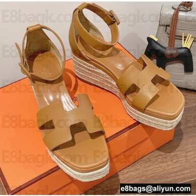 Hermes Heel 8.5cm Platform 5cm Elda Wedge Espadrilles Brown 2022