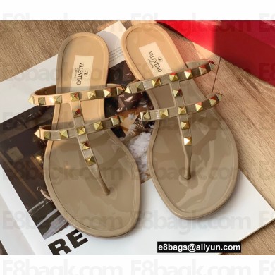 Valentino Rockstud Flat Rubber Thong Slide Sandals Nude
