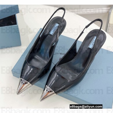 Prada Heel 7.5cm Brushed Leather Metal Toecap Slingback Pumps Black 2022