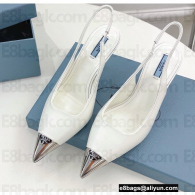 Prada Heel 7.5cm Brushed Leather Metal Toecap Slingback Pumps White 2022